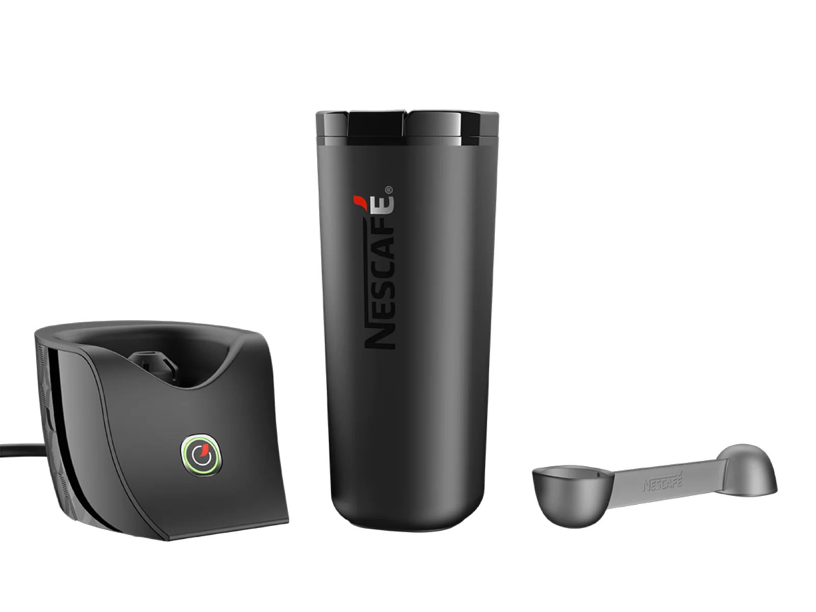 Connected coffee mug, dock, and scoop shown as a product system.
